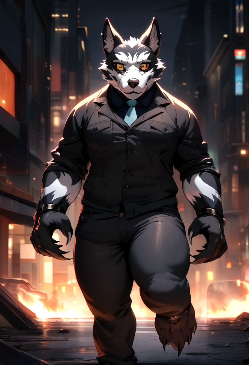 furry art, anthropomorphic male jackal-Anubis in black pants and shirt