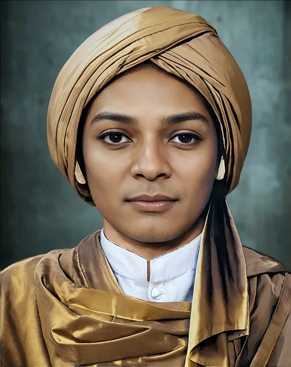 Muslim man, brown skin aged 40 years or over, wearing a shabby cloth robe, cloth turban. Hd realistic photos