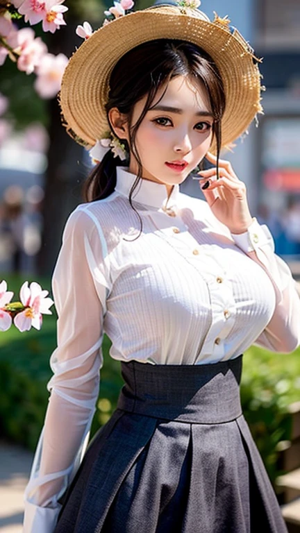 (best quality, 8k, masterpiece: 1.3), ((((((extremely giant breasts: 0.8))))), single ponytail, (beautiful face:1.3), Cherry blossoms are in full bloom, full of cherry blossoms, Floating cherry petals, Gorgeous, authentic Korean hanbok