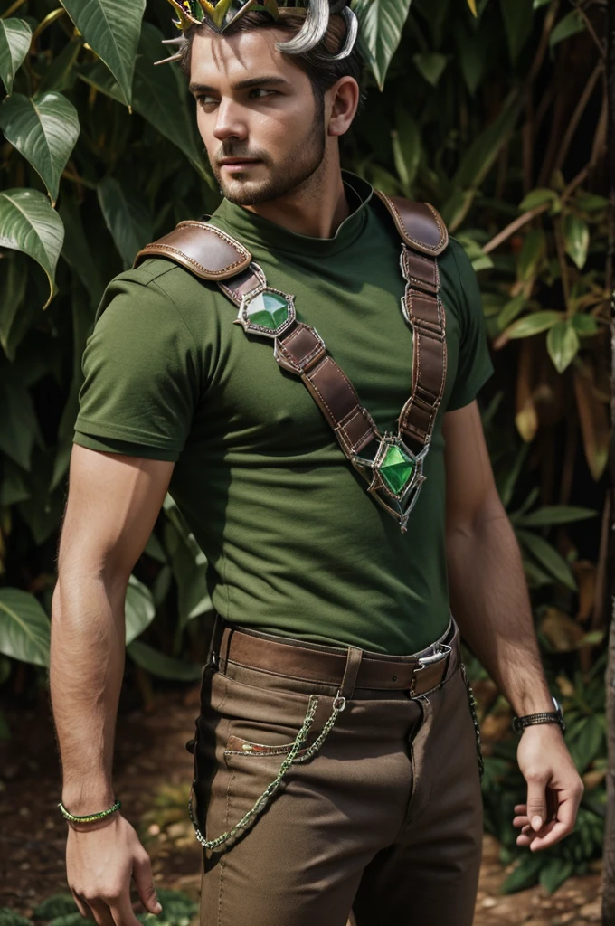 male, adult, young boy with green shirt and brown pants, gray metal shoulder pads, brown boots with metal covering on the upper front, rainbow crown with a green gem in front, 5 gems hanging from your clothes, six green carnivorous plants growing out of his back