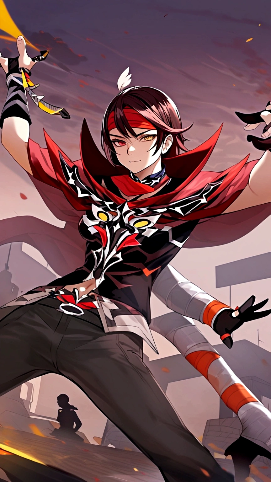 (masterpiece, best quality:1.2), <lyco:blazblue_kurogane-10:0.8>, cowboy shot, solo, male focus, 1boy, kurogane naoto, smile, looking at viewer, hand on hip, ahoge, jacket, black pants, fingerless gloves, belt