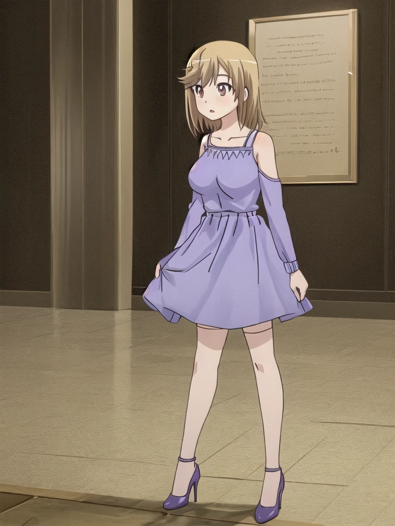 Anime style, {{8 life height}}, {{standing portrait}}, full body, woman around 30, adult woman, one woman, one adult woman, young woman, standard breasts, medium breasts, normal breasts, {{medium hair}}, shoulder length hair, {{beige blonde hair}}, large eyes, cute eyes, {{brown eyes}}, {{tare eyes}}, hostess dress, random color fashion coordination, stockings, high heels, masterpiece, high quality, high quality, Bad anatomy, reddish purple with plain background
