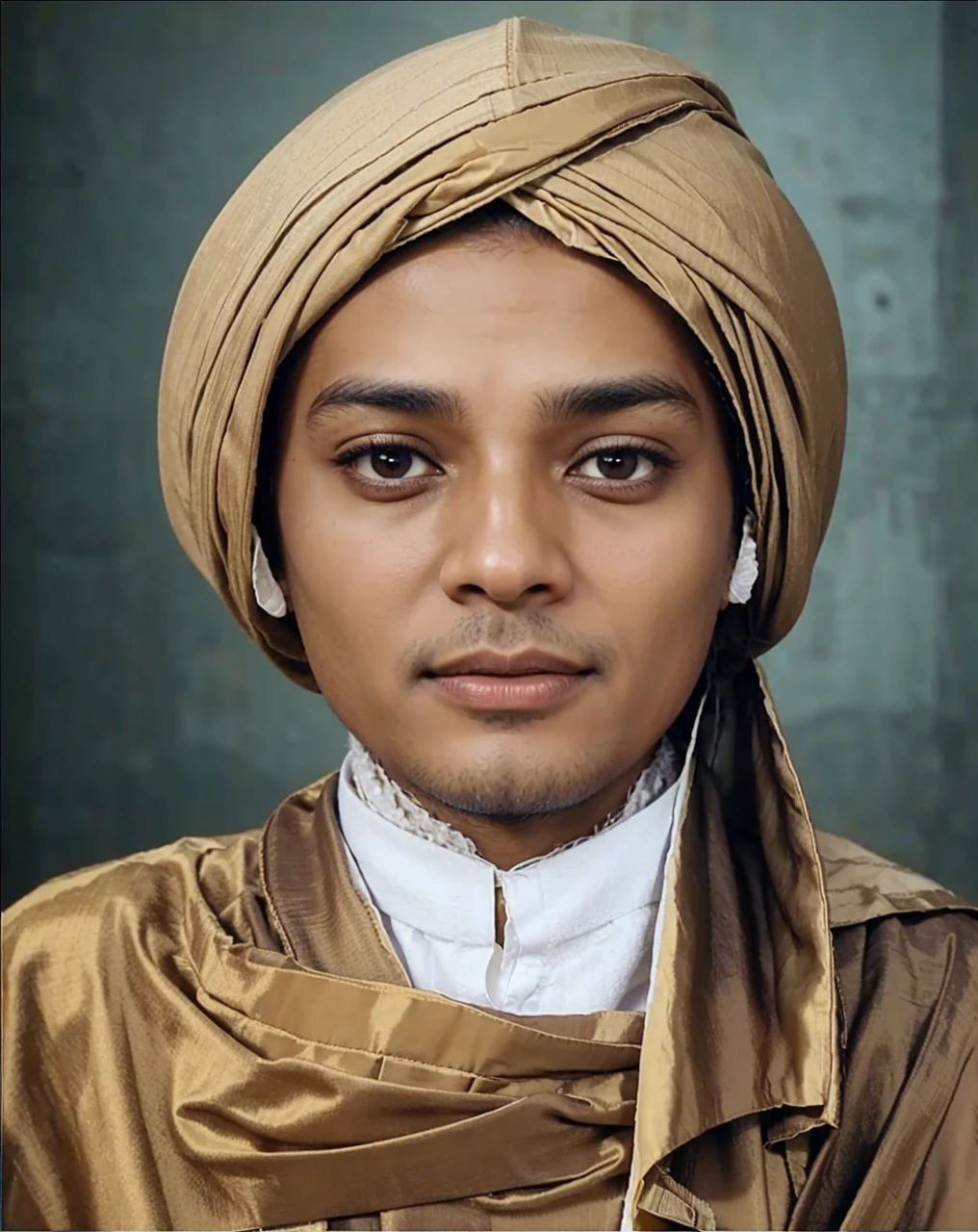 Muslim man, brown skin aged 40 years or over, wearing a shabby cloth robe, cloth turban. Hd realistic photos