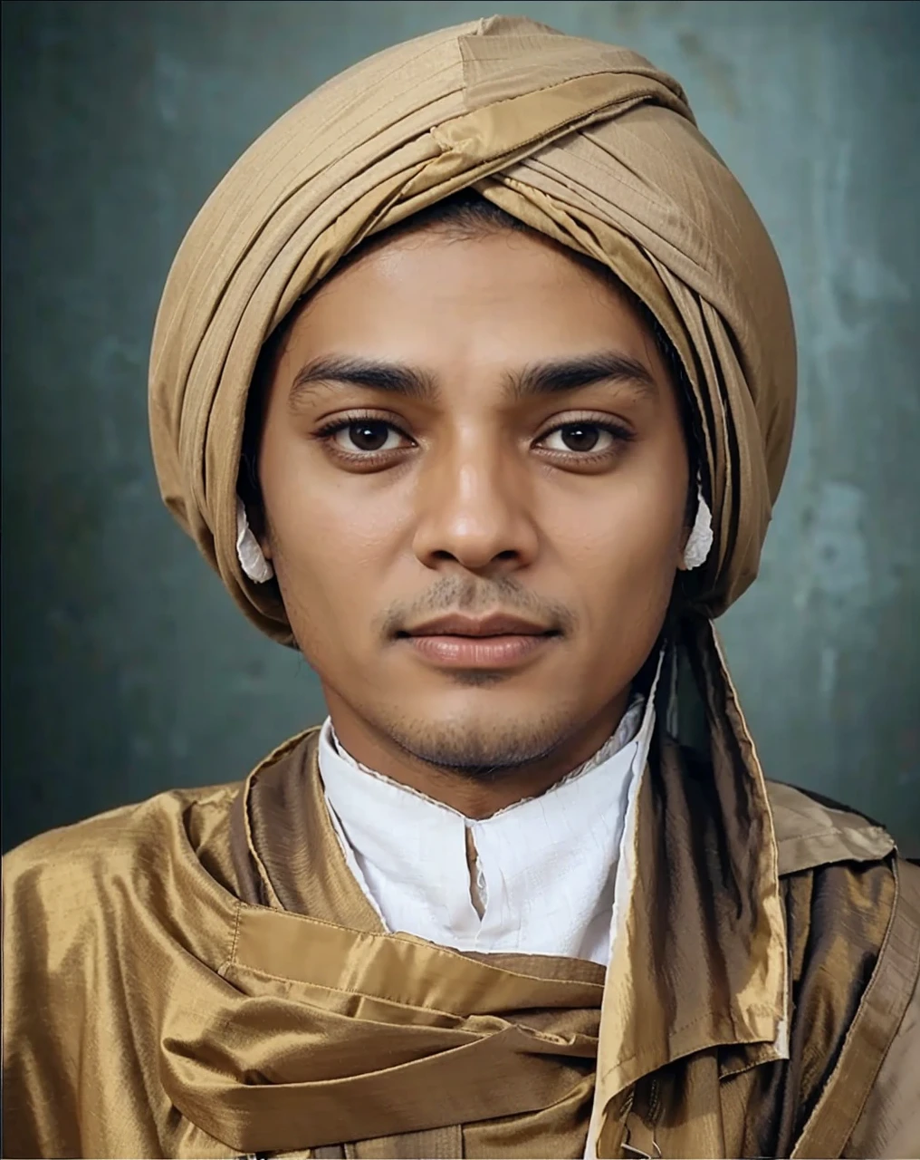 Muslim man, brown skin aged 40 years or over, wearing a shabby cloth robe, cloth turban. Hd realistic photos
