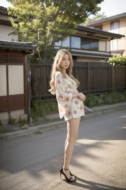 1 Girl, model,Long blond hair, Stylish hairstyle,Standing next to a Japanese house, Japanese Kimono,Photo poses,Black school modern, Beautiful long legs,Sexy high heels,Japanese style