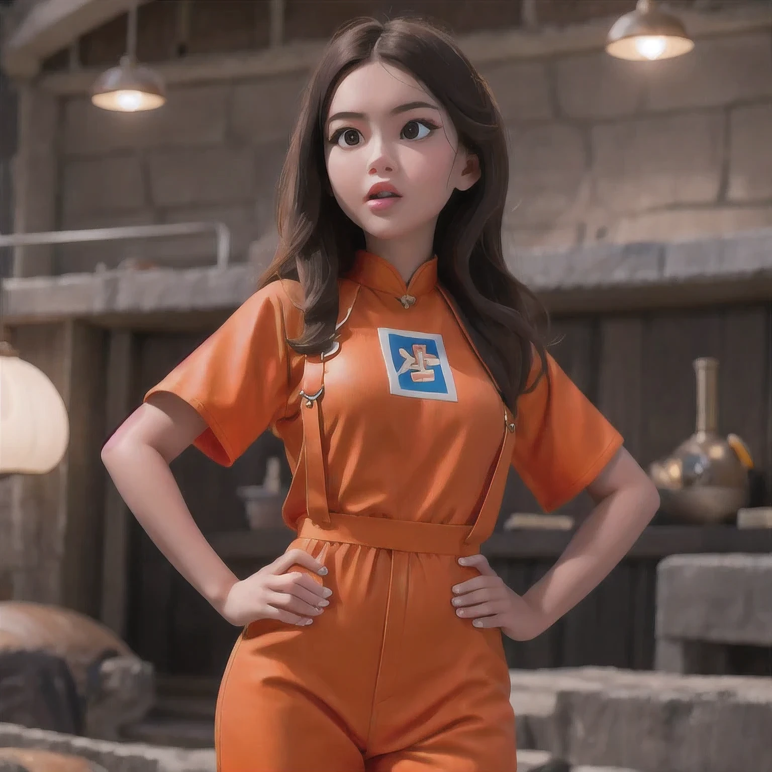 （（（cheongsam）））rafed girl standing on a beach with an orange overall, orange jumpsuit, overalls, wearing an orange jumpsuit, official product image, wearing overalls, orange halter top, artist wearing overalls, wearing an orange t-shirt, wearing orange sundress, wearing orange prison jumpsuit, neck zoomed in, wearing an orange t shirt, cute girl wearing tank suit