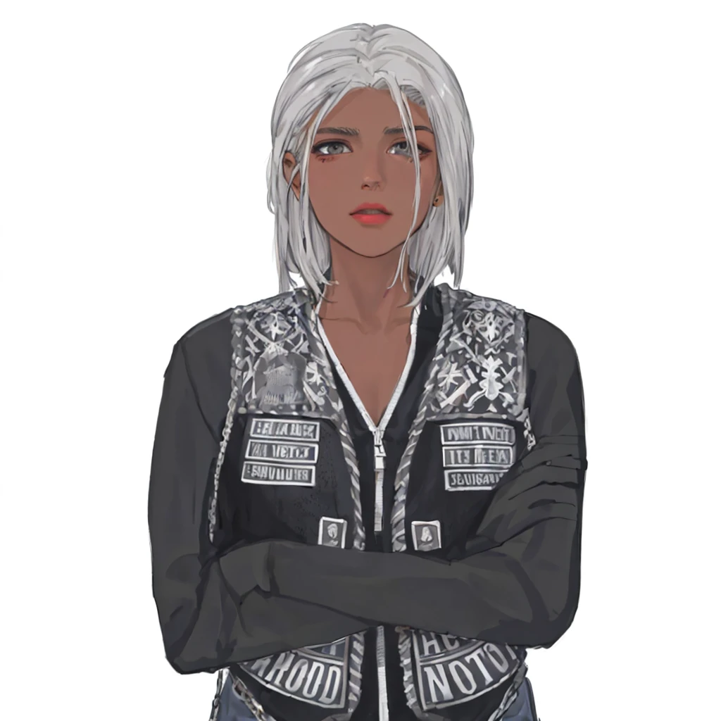 (masterpiece:1.2, best quality), (1girl, solo, upper body:1.2),flat face,Hair: buzz cut, Clothing: oversized, distressed denim jacket with patches and pins, paired with black skinny jeans and combat boots, Hanging out in an underground music venue or street art exhibit
