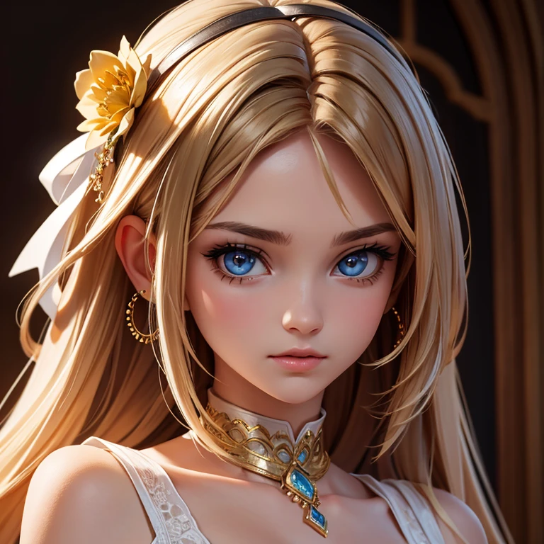 A beautiful girl, detailed face and eyes, intricate jewelry, elegant dress, soft lighting, fantastic atmosphere, cinematic composition, muted color palette, dramatic lighting, photo realism, masterpiece.