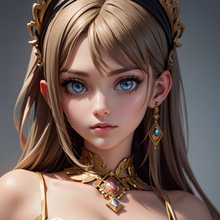 A beautiful girl, detailed face and eyes, intricate jewelry, elegant dress, soft lighting, fantastic atmosphere, cinematic composition, muted color palette, dramatic lighting, photo realism, masterpiece.