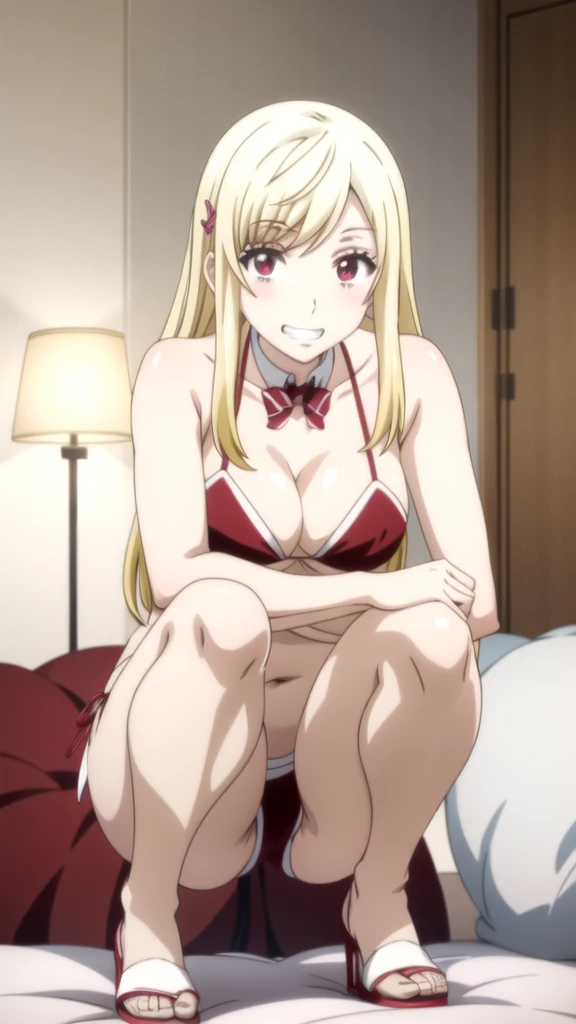 anime image of a woman in a bikini con tacones lying on a bed, seductive anime girl, the anime girl is crouching, crouched, also, beautiful anime girl squatting, grin, anime moe art style, makoto, ( ( ( yoshinari yoh ) ) ), lying on a bed, oppai, , yamada_yellow, 1chica , by rubio, alone, wide, hair ornament, , smile, bow, red eyes my dress darling anime, beautiful seductress anime