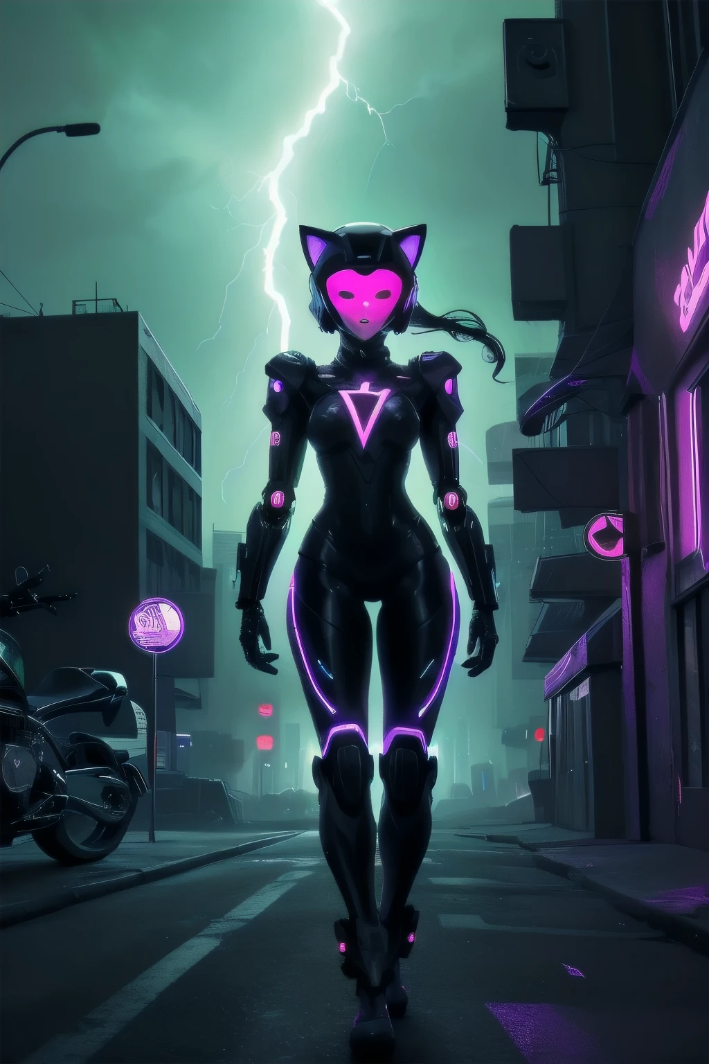 Blacklight paint: An image of a Dark-Black electric female Cat, cat girl, cyber cat girl, robot girl, robot cat girl, motorcycle helmet, sunglasses, shades, A whole body,otherworldly,with intricate neon patterns on its fur. Surreal atmosphere,Gloomy night with lightning streaking the sky,flickering,glow,against the background of a dark urban silhouette in the distance,Fluorescent pigments,vibrant and surreal colors,ethereal glow,otherworldly effects,Aggressive,threatening look,neon aesthetics,transformative in ultraviolet light,contemporary and experimental. YOW:0,0,glowneon,glowing,sparks,lightning,Cyberpunk,