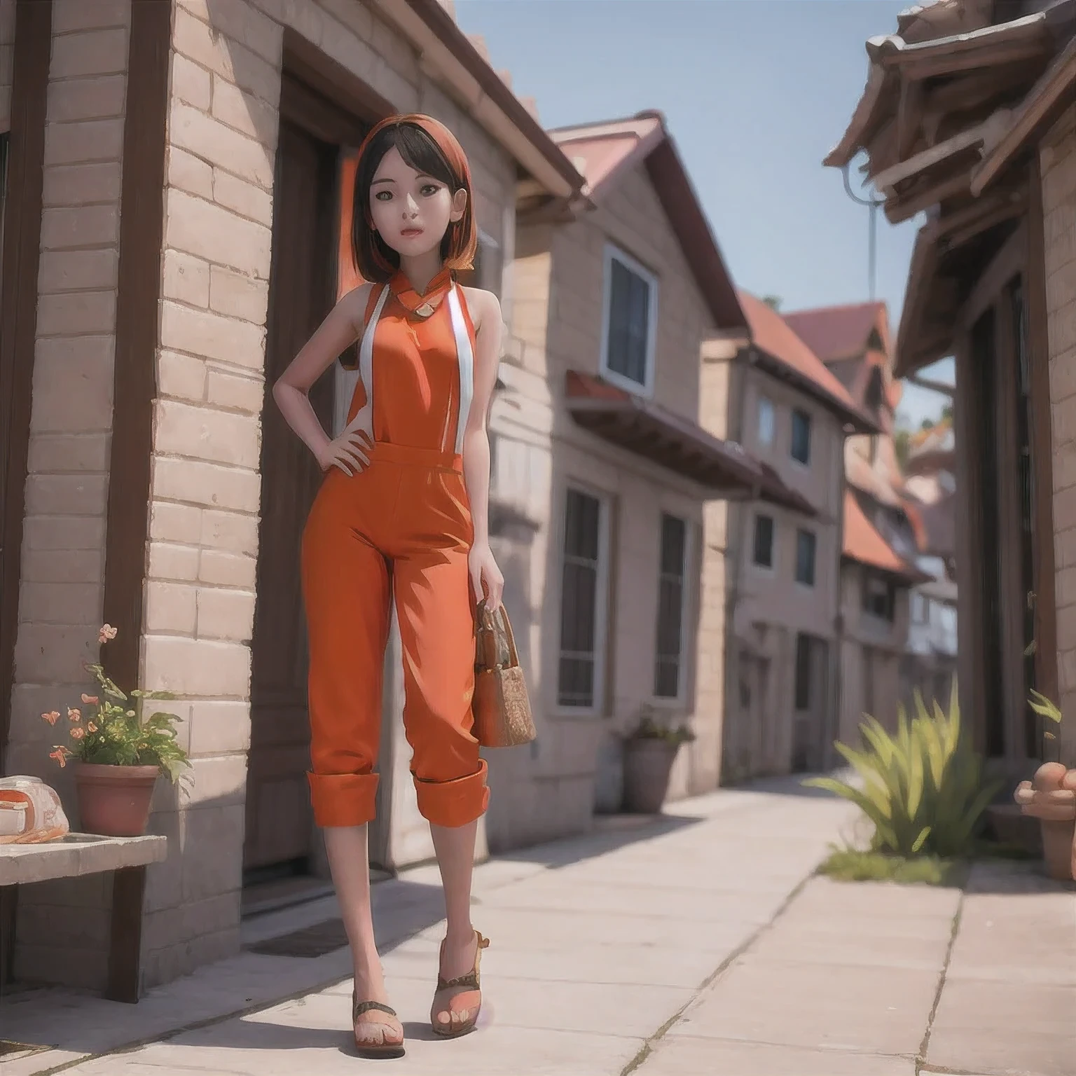 （（（cheongsam）））rafed girl standing on a beach with an orange overall, orange jumpsuit, overalls, wearing an orange jumpsuit, official product image, wearing overalls, orange halter top, artist wearing overalls, wearing an orange t-shirt, wearing orange sundress, wearing orange prison jumpsuit, neck zoomed in, wearing an orange t shirt, cute girl wearing tank suit