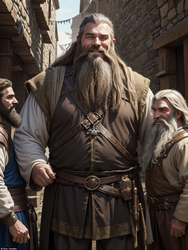 In the image you can see four medieval fantasy adventurers dressed in traveling clothes. Two are tall and burly men. With unkempt beards. One is a gnome with a jovial appearance and a sincere smile.. The fourth person is a man of average height with a serious face., clean shaven and groomed.