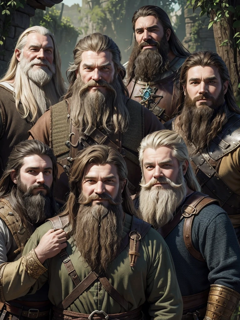 In the image you can see four medieval fantasy adventurers dressed in traveling clothes. Two are tall and burly men. With unkempt beards. One is a gnome with a jovial appearance and a sincere smile.. The fourth person is a man of average height with a serious face., clean shaven and groomed. 