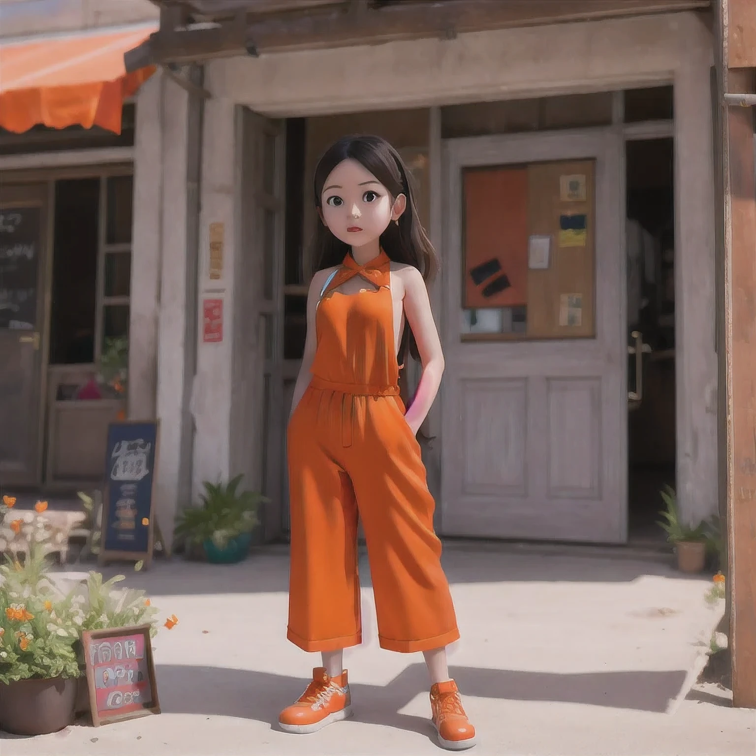 （（（cheongsam）））rafed girl standing on a beach with an orange overall, orange jumpsuit, overalls, wearing an orange jumpsuit, official product image, wearing overalls, orange halter top, artist wearing overalls, wearing an orange t-shirt, wearing orange sundress, wearing orange prison jumpsuit, neck zoomed in, wearing an orange t shirt, cute girl wearing tank suit