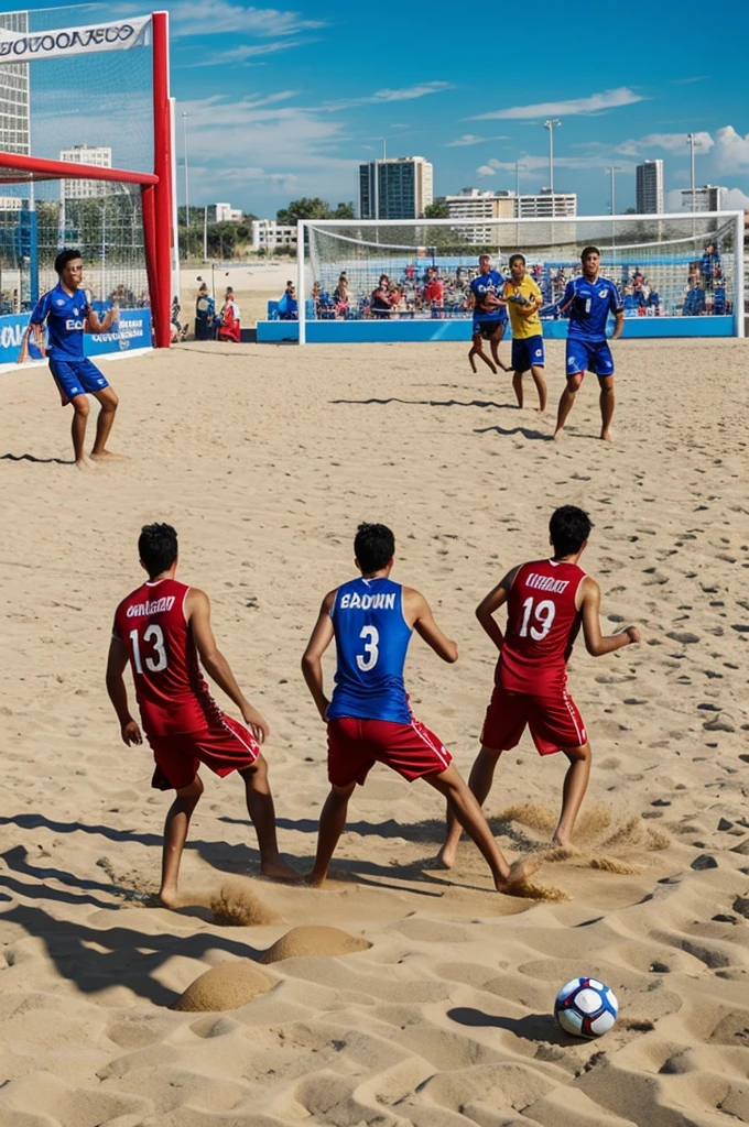 Create an image playing beach soccer as a team, spree, city, and all known streaming