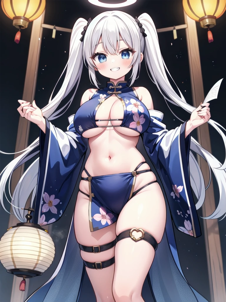 a very feminine japanese anime girl in some very provocative undies, 1girl, solo, breasts, stomach, smile, navel, twintails, long hair, thigh strap, blue eyes, looking at viewer, bare shoulders, long sleeves, grin, open clothes, underboob, huge breasts, paper lantern, thighs, pelvic curtain, off shoulder, white hair, lantern, chinese clothes, halo, floral print, underwear, very long hair, cup, sleeveless, standing