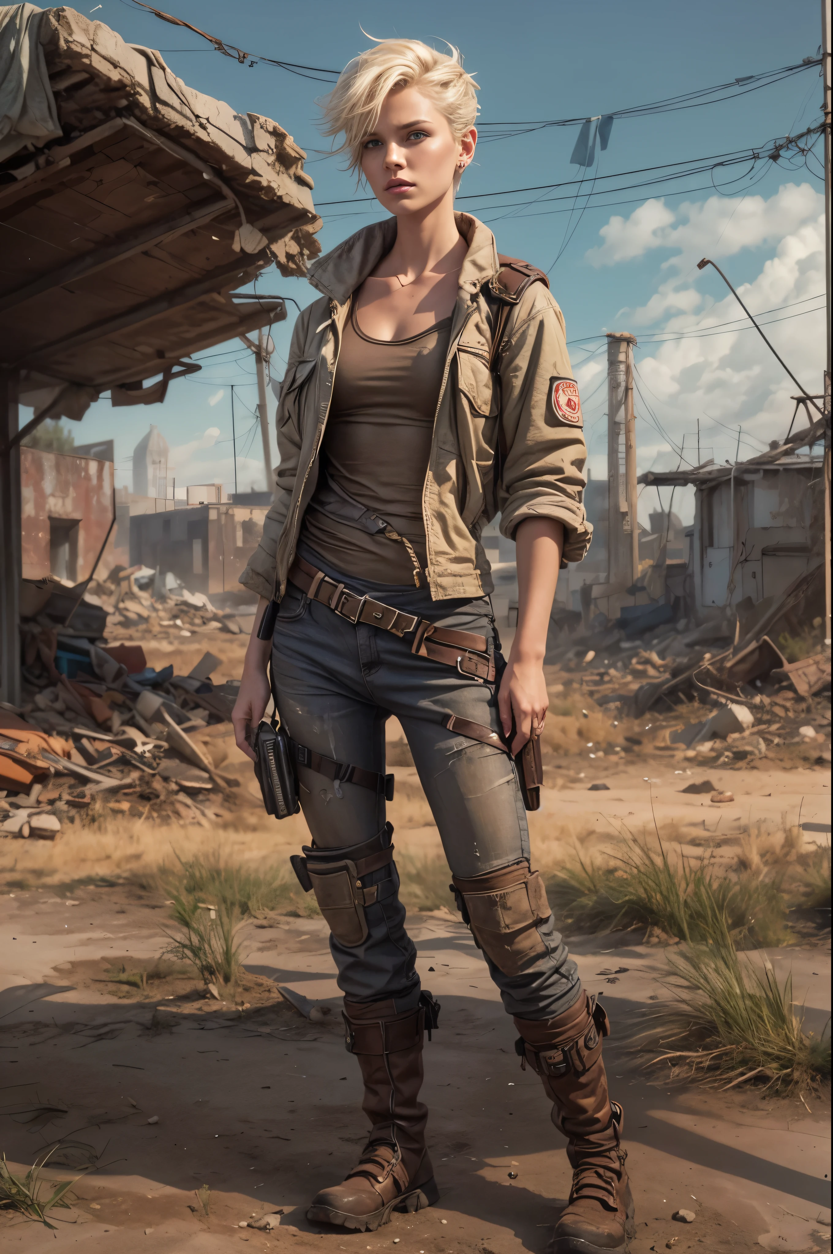 An androgynous female survivor in the wasteland. Apocalyptic setting. Very short hair. Short manly haircut. Gold blonde hair with an undercut, very pale skin with freckles, Round soft face. Round soft chin. Round soft cheeks. Curved lips. Long wide nose. blue-grey eyes. Upturned eyes. Very thin, barely visible eyebrows. Slim, Long athletic legs. Friendly. Kind. Androgynous. Tomboyish. Wearing the used clothes of a wastelander, An apocalyptic wasteland in the background. Dusty and depressing, Masterpiece