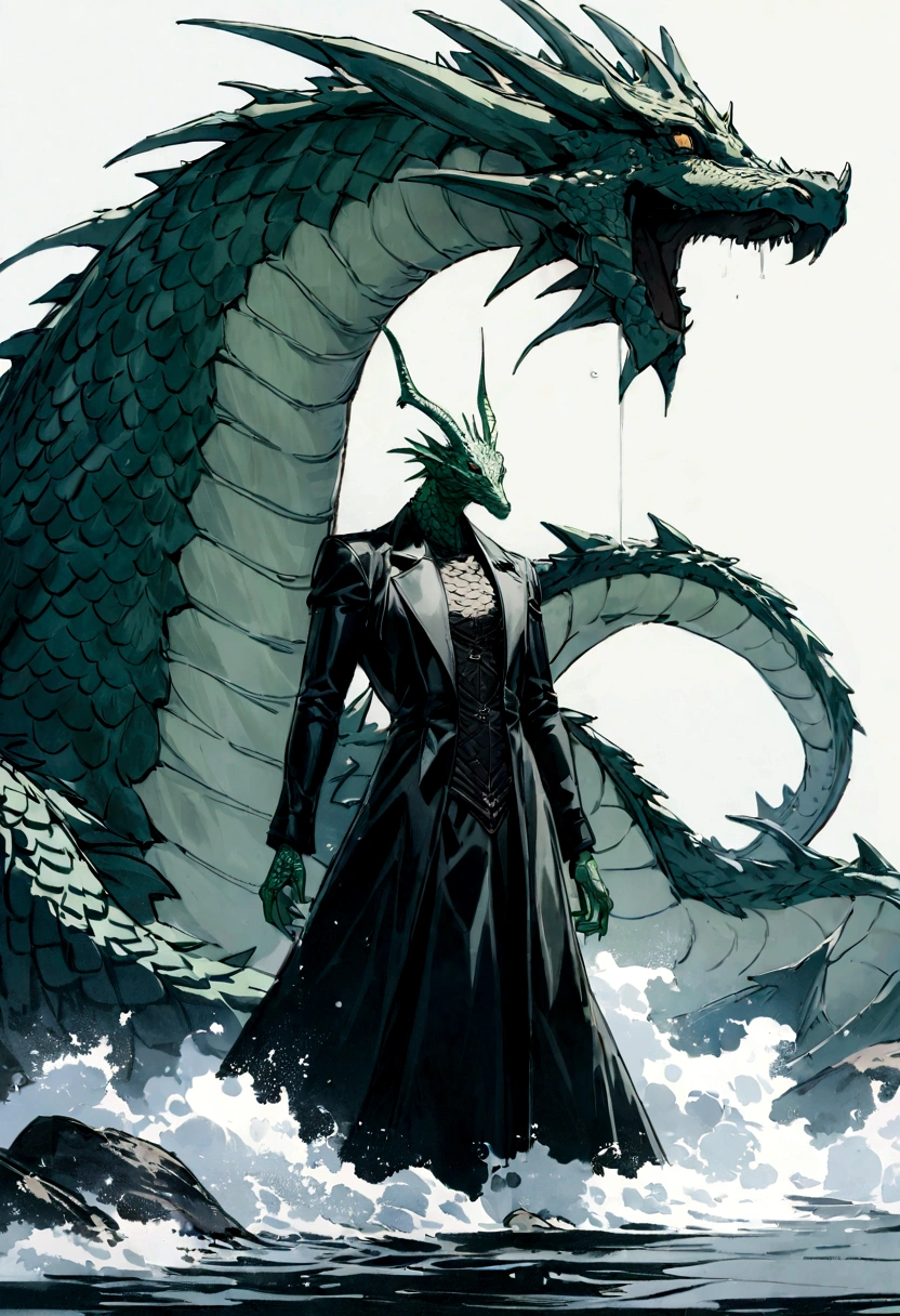 Character - anthropomorphic dragon, Without wings, with magical powers to control water and electricity, wearing black and green clothes, all covered with scales, in a leather coat, stands on the bank of the river, against the background of the sky in the thunderclaps, not a human face, and the dragon.