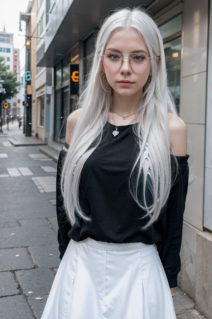 girl with long white hair and blue eyes standing in a city, girl with white hair, girl silver hair, perfect white haired girl, soft portrait shot 8 k, silver hair girl, color photograph portrait 4k, with long white hair, with white long hair, hyperrealistic , one girl has white hair, young girl, 8k portrait render, earrings, bracelet, necklace, black glasses, massive tits, cute face, peace sign, sharp face