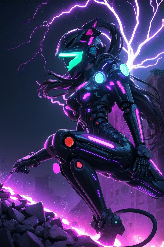 Blacklight paint: An image of a Dark-Black electric female Cat, cat girl, cyber cat girl, robot girl, robot cat girl, motorcycle helmet, sunglasses, shades, A whole body,otherworldly,with intricate neon patterns on its fur. Surreal atmosphere,Gloomy night with lightning streaking the sky,flickering,glow,against the background of a dark urban silhouette in the distance,Fluorescent pigments,vibrant and surreal colors,ethereal glow,otherworldly effects,Aggressive,threatening look,neon aesthetics,transformative in ultraviolet light,contemporary and experimental. YOW:0,0,glowneon,glowing,sparks,lightning,Cyberpunk,