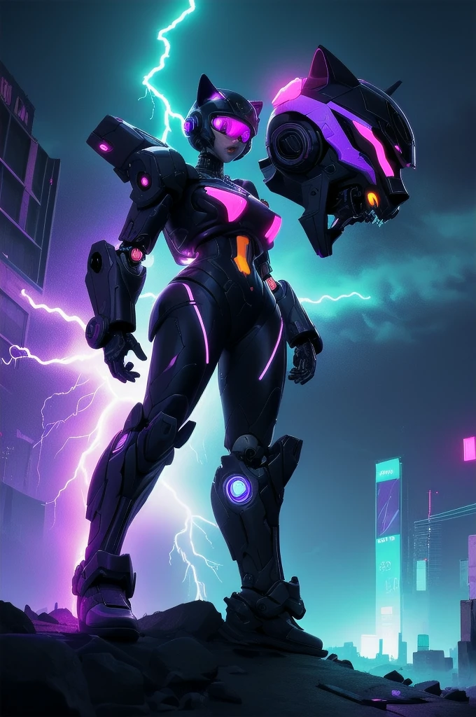 Blacklight paint: An image of a Dark-Black electric female Cat, cat girl, cyber cat girl, robot girl, robot cat girl, motorcycle helmet, sunglasses, shades, A whole body,otherworldly,with intricate neon patterns on its fur. Surreal atmosphere,Gloomy night with lightning streaking the sky,flickering,glow,against the background of a dark urban silhouette in the distance,Fluorescent pigments,vibrant and surreal colors,ethereal glow,otherworldly effects,Aggressive,threatening look,neon aesthetics,transformative in ultraviolet light,contemporary and experimental. YOW:0,0,glowneon,glowing,sparks,lightning,Cyberpunk,