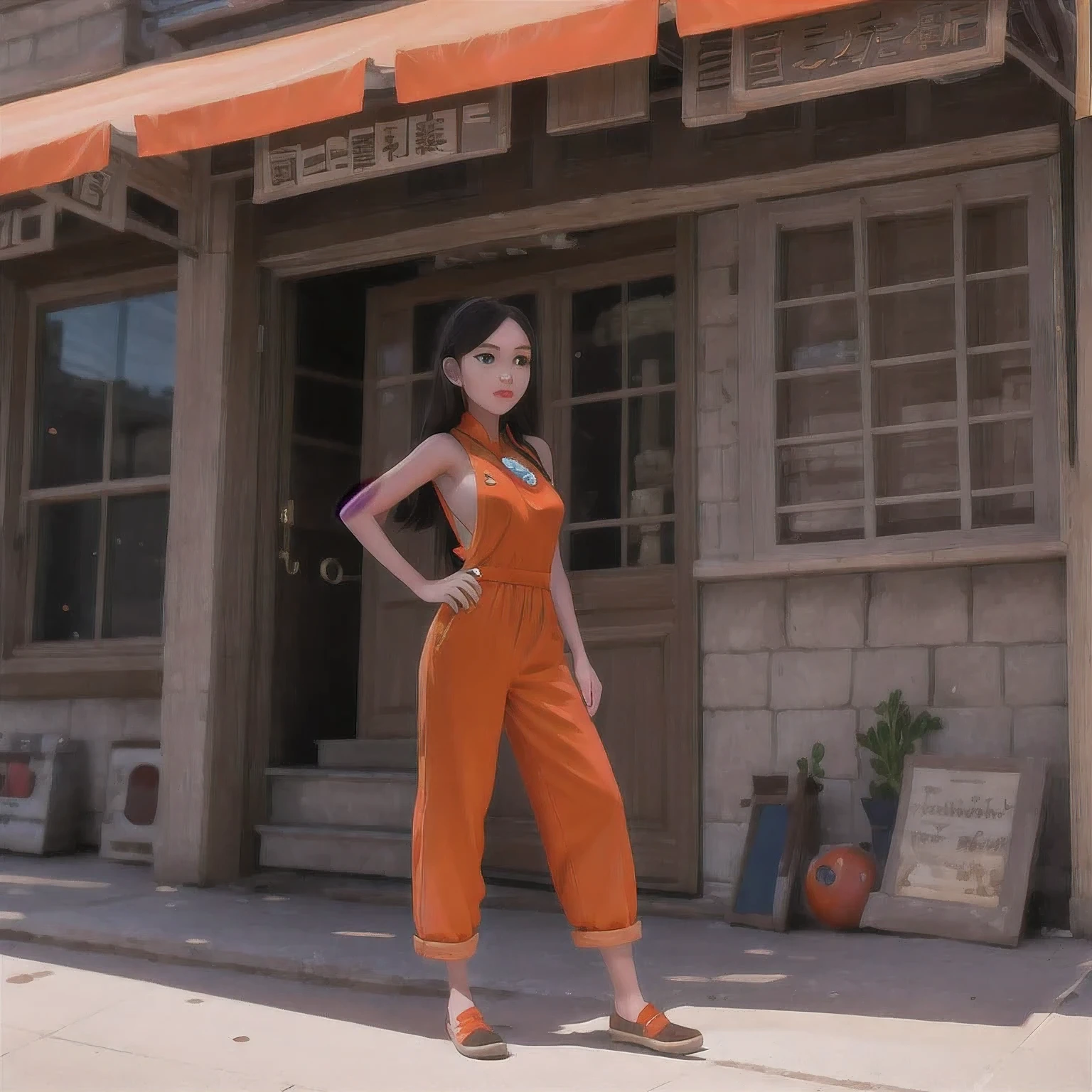 （（（cheongsam）））rafed girl standing on a beach with an orange overall, orange jumpsuit, overalls, wearing an orange jumpsuit, official product image, wearing overalls, orange halter top, artist wearing overalls, wearing an orange t-shirt, wearing orange sundress, wearing orange prison jumpsuit, neck zoomed in, wearing an orange t shirt, cute girl wearing tank suit