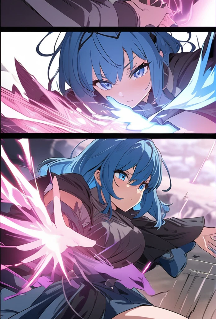 ((highest quality)), ((masterpiece)), (detailed), comic e-book storyboard, three panels, HQ, dynamic scene, 1man, blue hair, blue eyes, 1woman, red hair, blue eyes, both characters in action pose, joining hands to cast a spell, blue magical aura forming between their hands, pink sparks flying around, battling and defeating a dark, smoky creature, anime style, high resolution, large.  