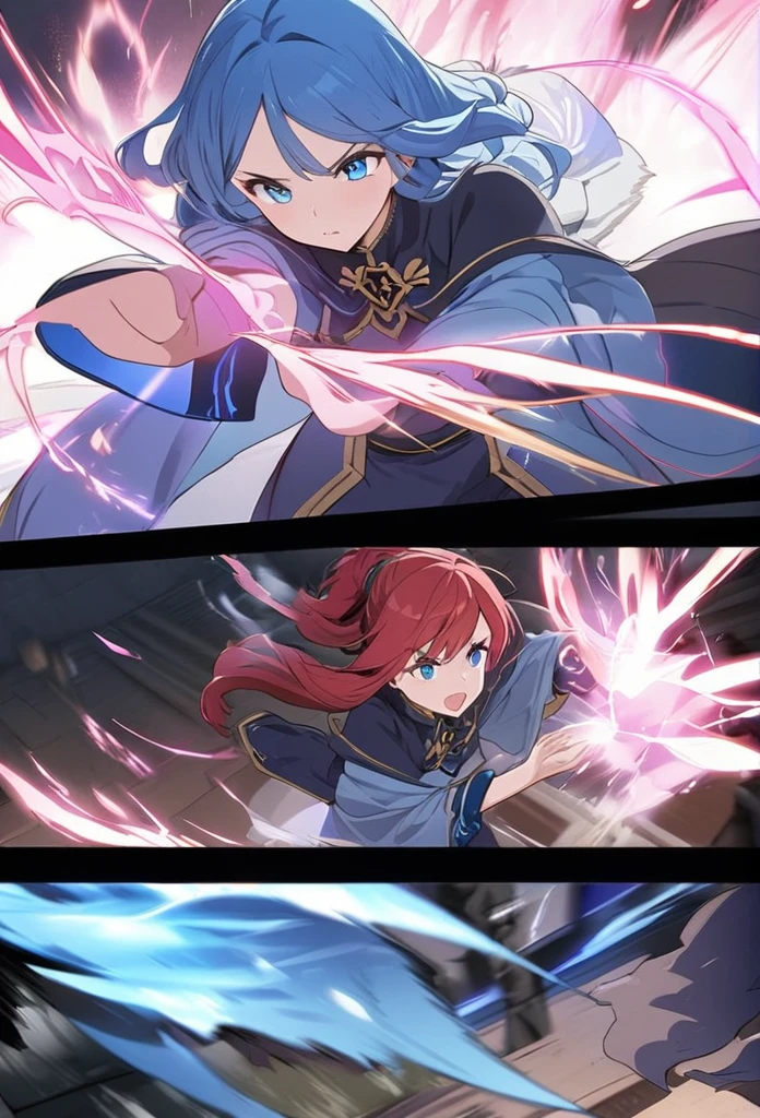 ((highest quality)), ((masterpiece)), (detailed), comic e-book storyboard, three panels, HQ, dynamic scene, 1man, blue hair, blue eyes, 1woman, red hair, blue eyes, both characters in action pose, joining hands to cast a spell, blue magical aura forming between their hands, pink sparks flying around, battling and defeating a dark, smoky creature, anime style, high resolution, large.