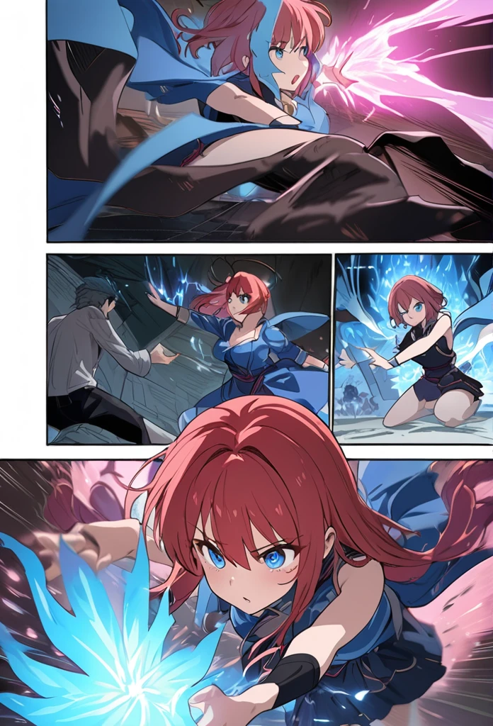 ((highest quality)), ((masterpiece)), (detailed), comic e-book storyboard, three panels, HQ, dynamic scene, 1man, blue hair, blue eyes, 1woman, red hair, blue eyes, both characters in action pose, joining hands to cast a spell, blue magical aura forming between their hands, pink sparks flying around, battling and defeating a dark, smoky creature, anime style, high resolution, large.
