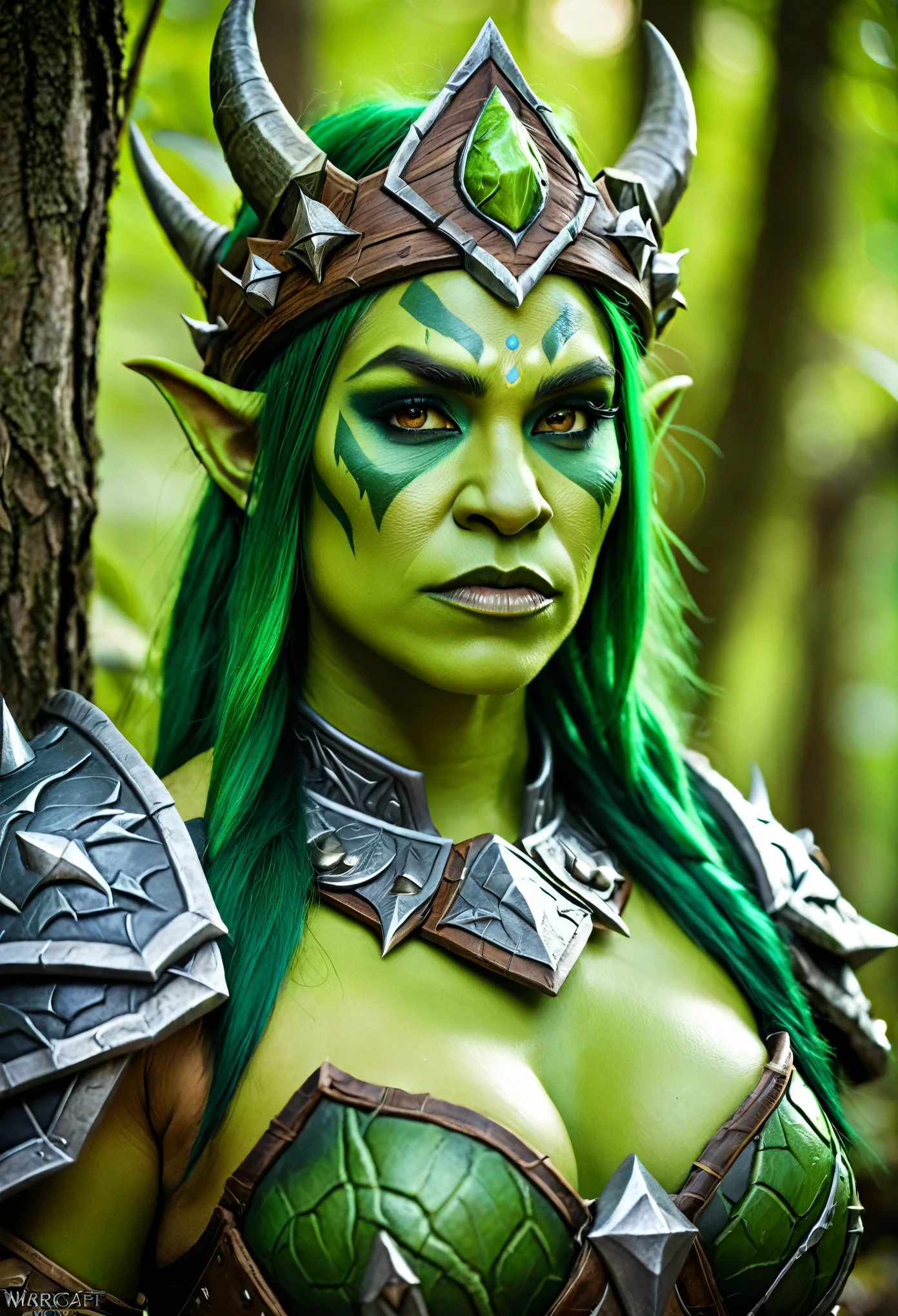 a close up of a woman in a costume with a crown on, female orc, green orc female, orc themed, half orc half elf woman, female orc forest druid, in style of wold of warcraft, from warcraft, warcraft character, hot reptile humanoid woman, green armor, orc, cinematic goddess body shot, hyperdetailed fantasy character, warcraft style