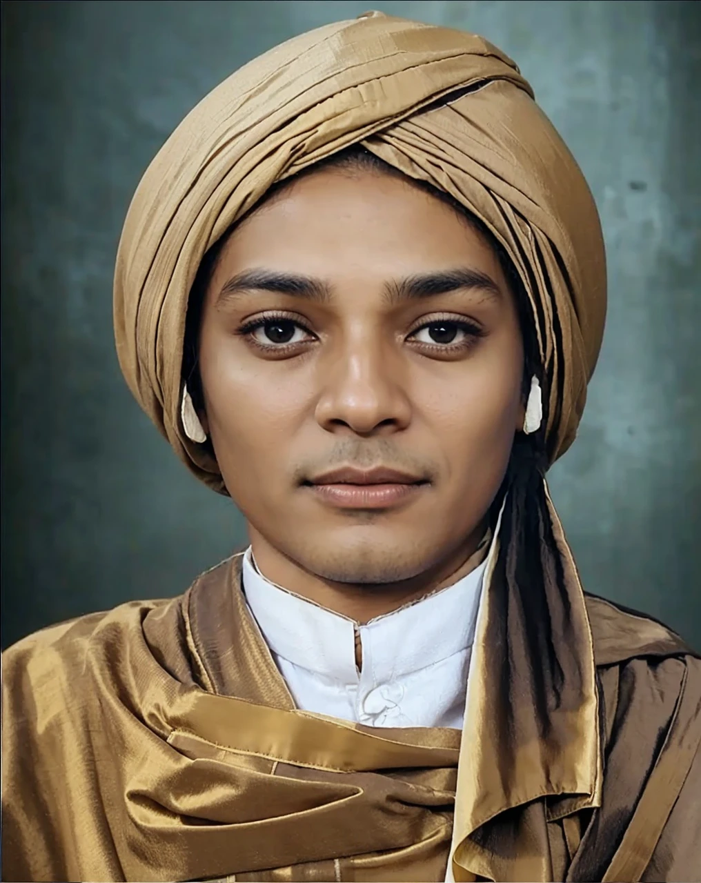 Muslim man, brown skin aged 40 years or over, wearing a shabby cloth robe, cloth turban. Hd realistic photos