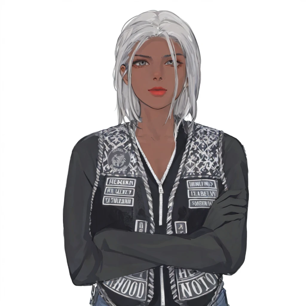 (masterpiece:1.2, best quality), (1girl, solo, upper body:1.2),flat face,Hair: buzz cut, Clothing: oversized, distressed denim jacket with patches and pins, paired with black skinny jeans and combat boots, Hanging out in an underground music venue or street art exhibit