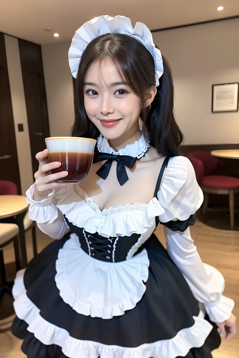 (((Best Quality, masutepiece, Anatomically correct, Super Detail, 8K, Photoreal))), Stand and look back:1.4, (((Head dress, (maid clothes), a black ribbon, White Apron, puff sleeves, collars, a choker, Apron with detailed ruffles, Black Maid Costume, side-tie panty))), ((Bust that seems to spill, F Cup Bust:1.5, Cannon F/1.2, 135 mm,light light on the face:1.5, Japanese Gravure, Cute woman with short hair hanging over her ears)), (Beautiful woman with perfect face, Double beautiful eyes, shiny beautiful lips, Beautiful shining white teeth:1.2、perfect teeth, Proportioned feminine glamour body), (Luxurious living room, Beauty Pouring Over Coffee 1.3, Breakfast is served at the table）