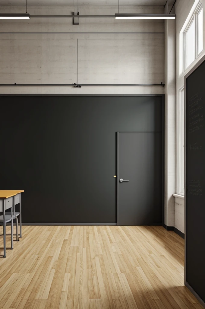 Generates a 30x30 classroom with a perspective from the middle looking at the blackboard with a door on the left wall and gray walls 
