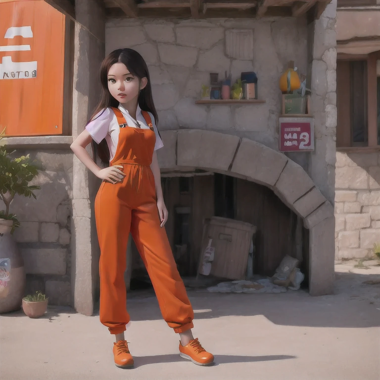 （（（cheongsam）））rafed girl standing on a beach with an orange overall, orange jumpsuit, overalls, wearing an orange jumpsuit, official product image, wearing overalls, orange halter top, artist wearing overalls, wearing an orange t-shirt, wearing orange sundress, wearing orange prison jumpsuit, neck zoomed in, wearing an orange t shirt, cute girl wearing tank suit