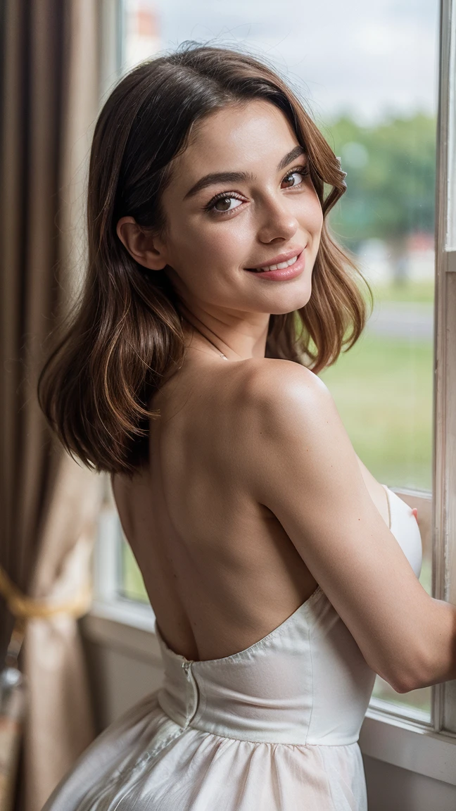 (8k, photo and gross, Best Quality, Masterpiece:1.2), High definition RAW color photography, professional photography, upper body shot, (realist, fotografía realist:1.37), ((Best Quality)), 17 year old woman, Russian model, cinematic light, (Finely detailed face:1.2), (Masterpiece:1.5), (Best Quality:1.2), (mole:1), (smiling:0.9), (looking at the viewer:1.2), (17th Century Mid-Century Maid Dress.), bare back, Beautiful shaped breasts, perfect female body, body of slander, random pose, dynamic angle, depth of field, Red hair, green eyes, detailed eyes, SMILE, close to the face, neckline,