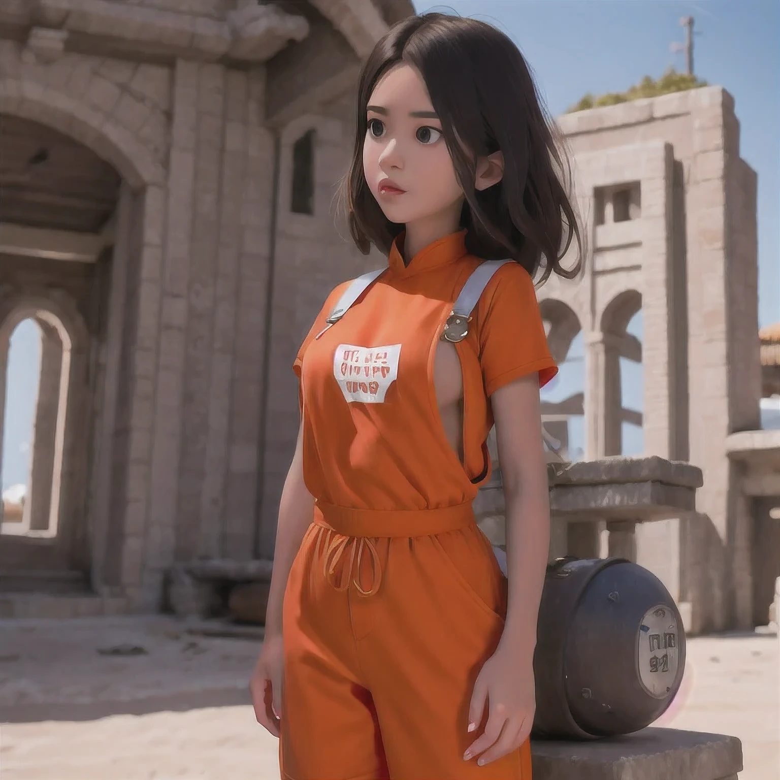 （（（cheongsam）））rafed girl standing on a beach with an orange overall, orange jumpsuit, overalls, wearing an orange jumpsuit, official product image, wearing overalls, orange halter top, artist wearing overalls, wearing an orange t-shirt, wearing orange sundress, wearing orange prison jumpsuit, neck zoomed in, wearing an orange t shirt, cute girl wearing tank suit