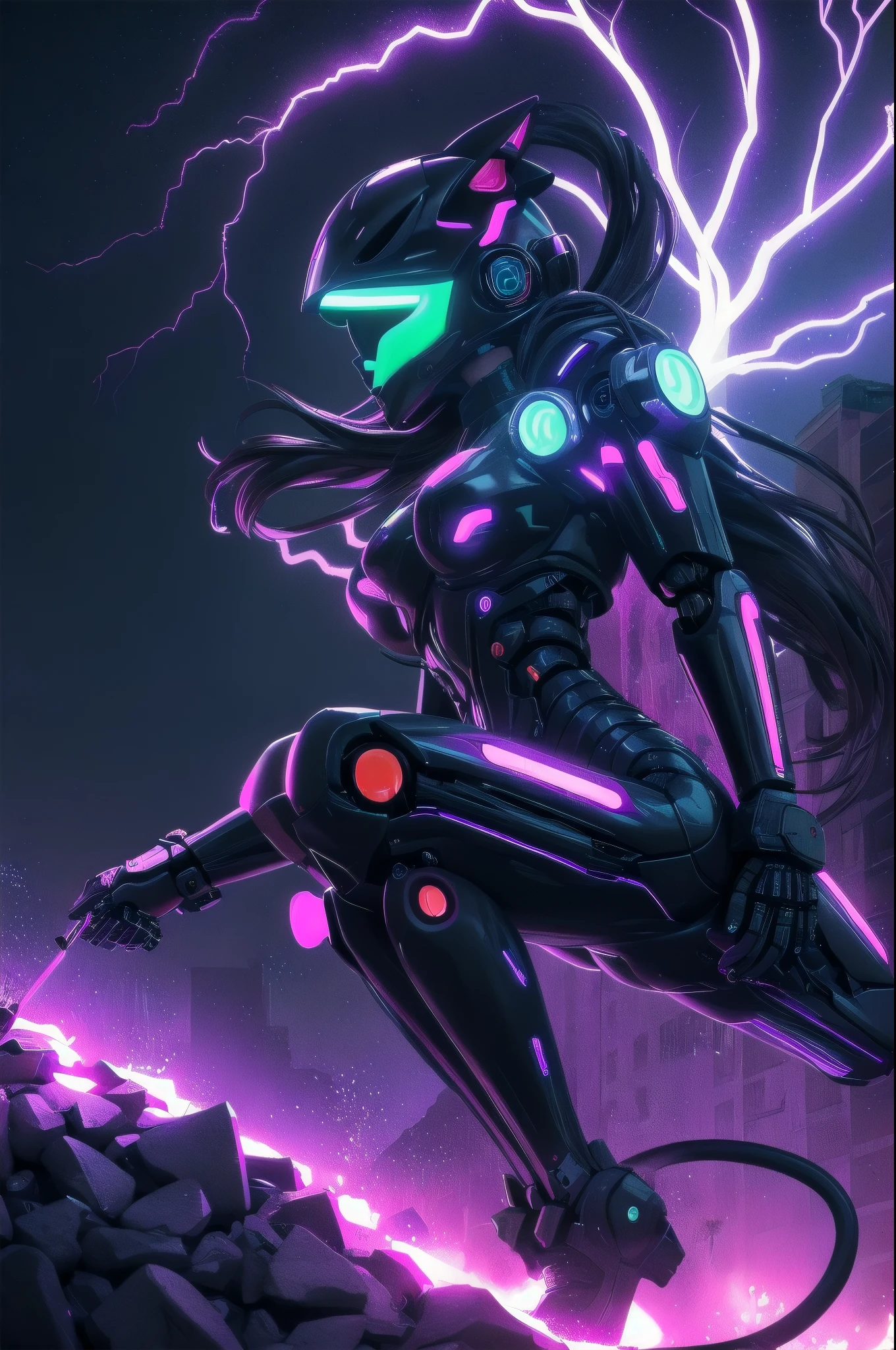 Blacklight paint: An image of a Dark-Black electric female Cat, cat girl, cyber cat girl, robot girl, robot cat girl, motorcycle helmet, sunglasses, shades, A whole body,otherworldly,with intricate neon patterns on its fur. Surreal atmosphere,Gloomy night with lightning streaking the sky,flickering,glow,against the background of a dark urban silhouette in the distance,Fluorescent pigments,vibrant and surreal colors,ethereal glow,otherworldly effects,Aggressive,threatening look,neon aesthetics,transformative in ultraviolet light,contemporary and experimental. YOW:0,0,glowneon,glowing,sparks,lightning,Cyberpunk,