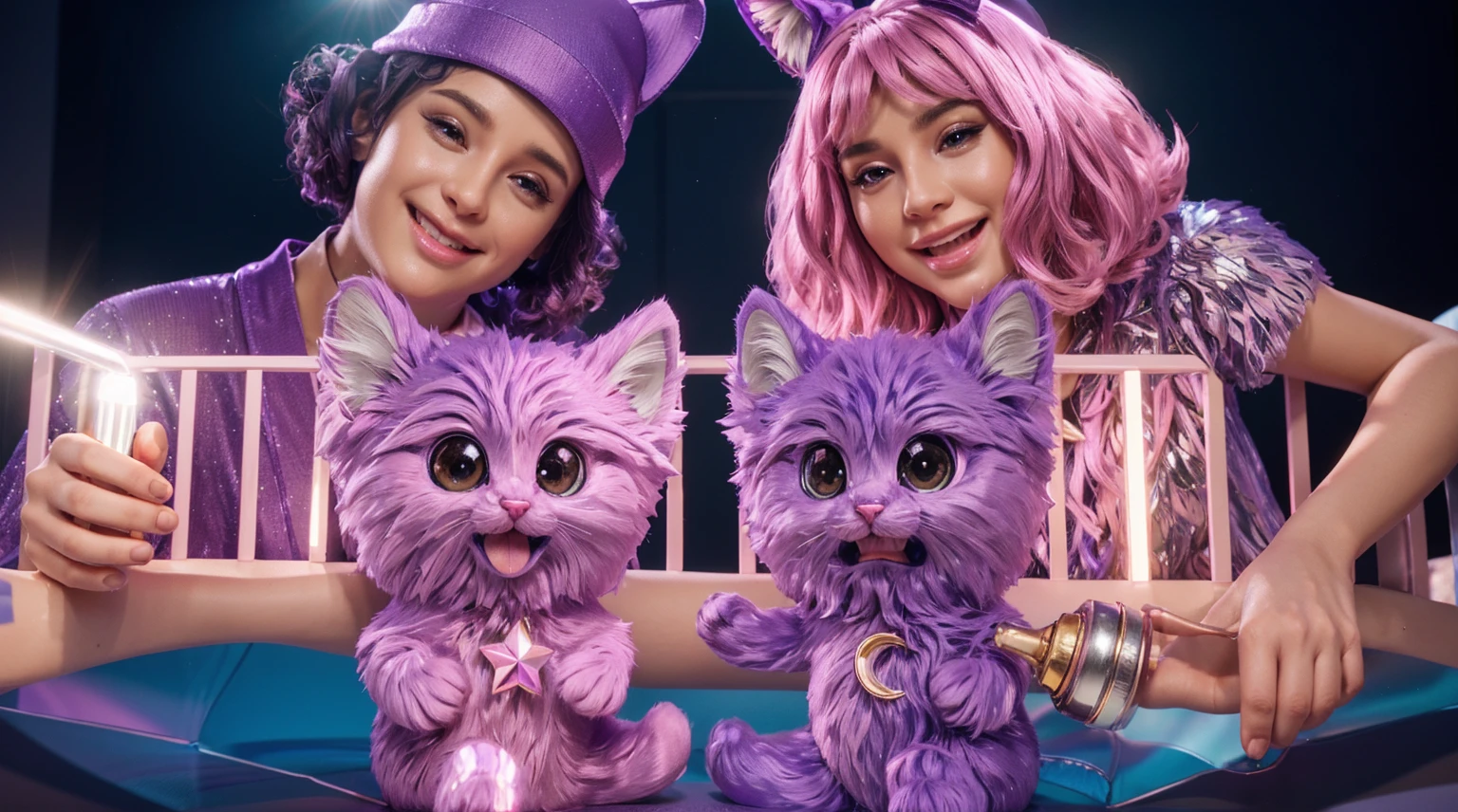 on the sides there is a man in purple, he has a purple hat with cat ears, on the right side there is a girl with pink hair, she is holding a baby bun with milk, her hand reaches into the cot, which is right in front of us, in the cot there are two very fluffy and cute kittens, on the left - a pink kitten, on the right - a purple kitten, smooth 3d model, glossy plastic texture, multiple light sources, rim light, sharp post effects render, most beautiful vfx, , realistic, 4k, high resolution, rim light, smooth 3d model. , glossy texture, smooth 3d model, multiple light sources, rim light, sharp post effects render, (glossy plastic texture with multiple big light probe refractions), perfect cgi, reflective, best quality, 4k, masterpiece:1.2, ultra-detailed, realistic, vivid colors, The image of the highest quality, ensuring every detail showcased perfectly. It in 4k resolution, allowing viewers to immerse themselves in the richness of the colors and intricate details. The realistic rendering. under the spotlight, reflecting, high-resolution image, realistic rendering