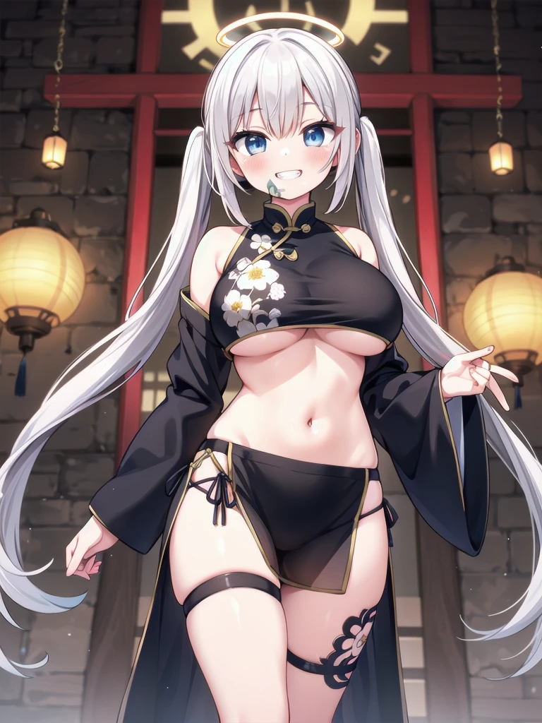 a very feminine japanese anime girl in some very provocative undies, 1girl, solo, breasts, stomach, smile, navel, twintails, long hair, thigh strap, blue eyes, looking at viewer, bare shoulders, long sleeves, grin, open clothes, underboob, huge breasts, paper lantern, thighs, pelvic curtain, off shoulder, white hair, lantern, chinese clothes, halo, floral print, very long hair, cup, sleeveless, standing