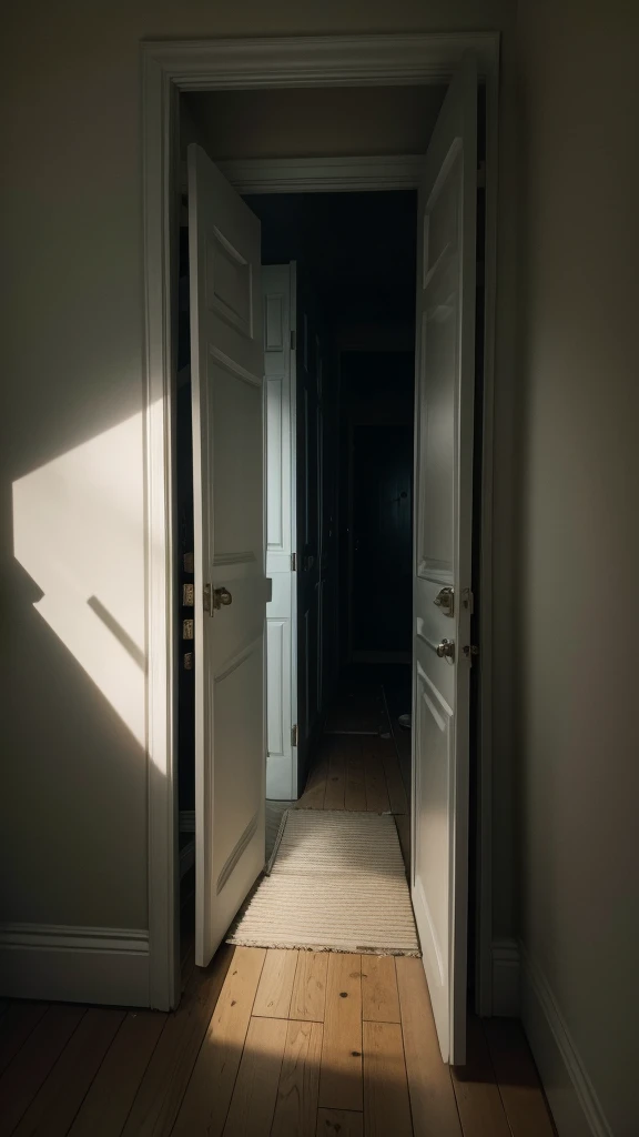 Make it look like a horror movie, an image capturing multiple supernatural phenomena simultaneously: doors opening on their own, objects floating in the air, and dark shadows moving on walls.