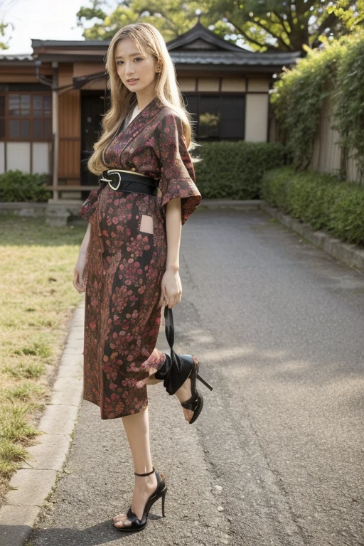 1 Girl, model，Long blond hair,  Stylish hairstyle，Standing next to a Japanese house, Japanese Kimono，Photo poses，Black school modern, Beautiful long legs，Sexy high heels，Japanese style