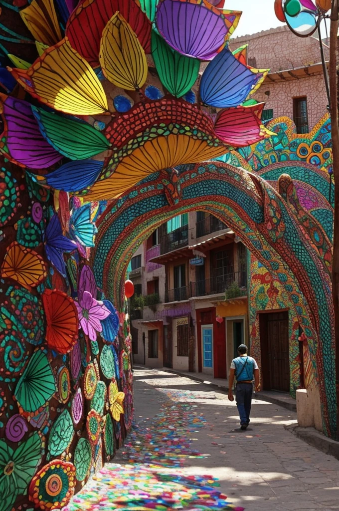 A sign that says Mexican crafts and that it is an alebrije that causes intimidation ,that has scales made of colored glass and its background is made of confetti and cempasuchilt flower and the alebrije is going towards a path ,the road must have nostalgia and sadness ,but at the same time it must be very happy 