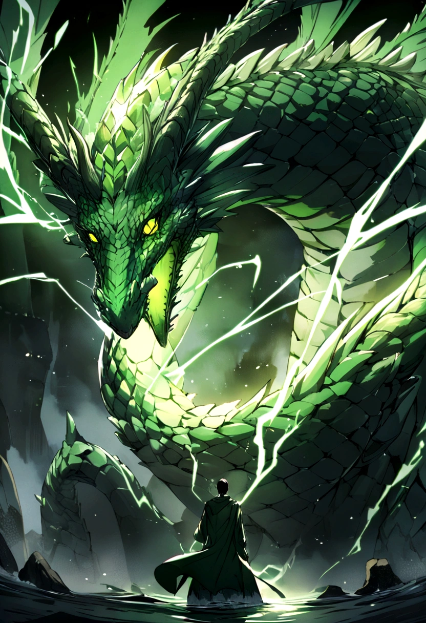 Character - anthropomorphic dragon, Without wings, with magical powers to control water and electricity, wearing black and green clothes