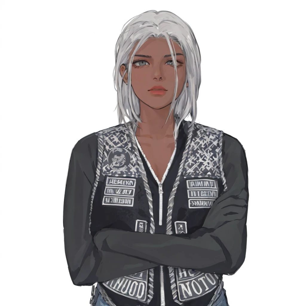 (masterpiece:1.2, best quality), (1girl, solo, upper body:1.2),flat face,Hair: buzz cut, Clothing: oversized, distressed denim jacket with patches and pins, paired with black skinny jeans and combat boots, Hanging out in an underground music venue or street art exhibit