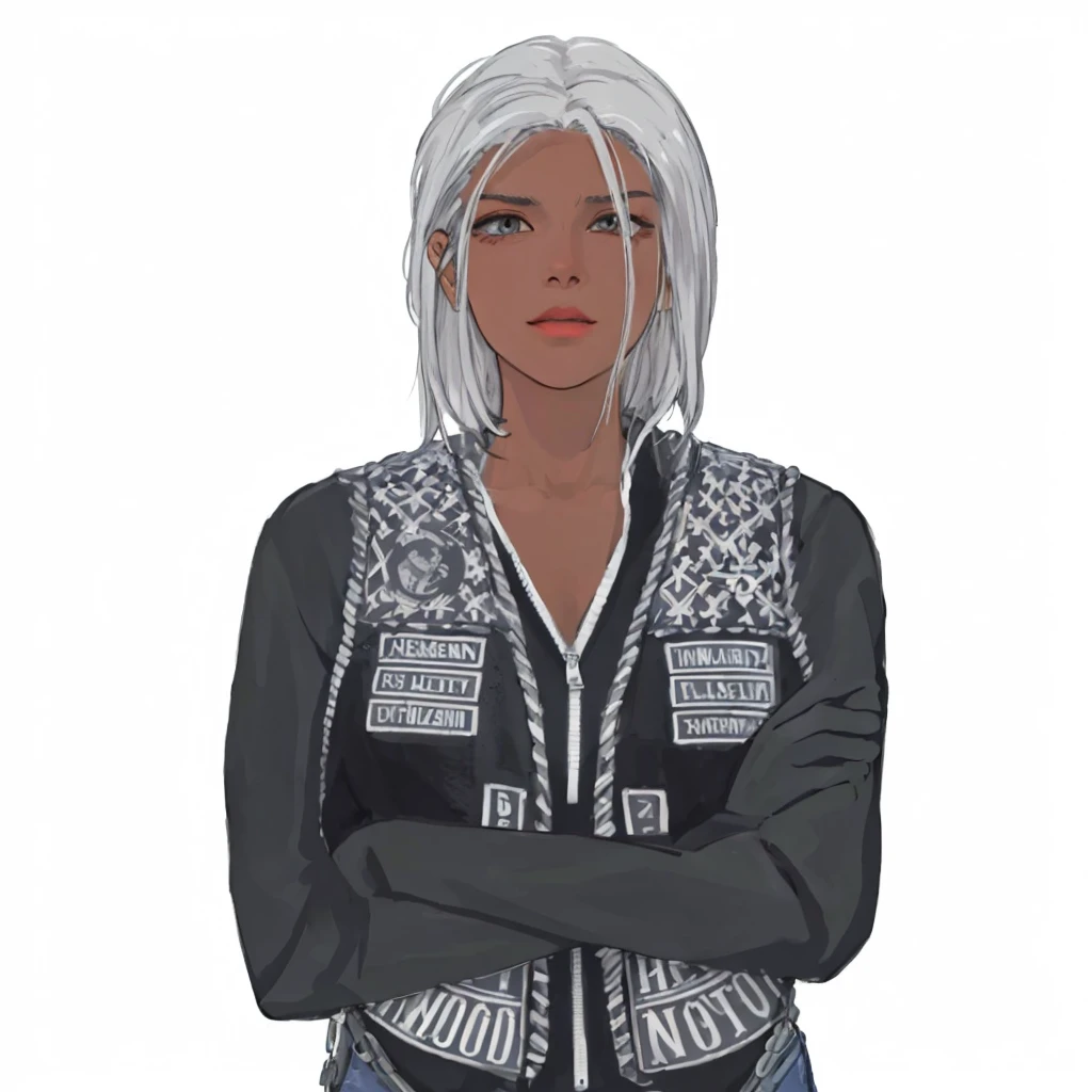 (masterpiece:1.2, best quality), (1girl, solo, upper body:1.2),flat face,Hair: buzz cut, Clothing: oversized, distressed denim jacket with patches and pins, paired with black skinny jeans and combat boots, Hanging out in an underground music venue or street art exhibit