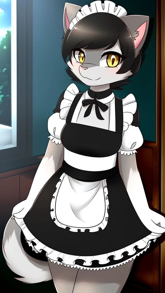 yellow eyes yellow eyes Black short hair trendy outfit Black short hair trendy outfitsterpiece), (best quality), (anthro furry:1.3, snout:1.2, anthro:1.3, furry:1.2, solo female:1.2), (extremely detailed:1.3), cat catcroptop, loonashorts,(maid dress) Sexy