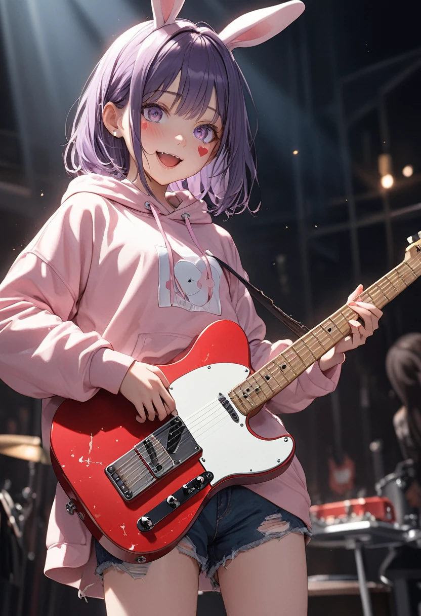 ((Masterpiece)), ((best quality)), (super detail:1.2), (High Definition:1.3), (Professional Photography:1.2), (sharp focus), (perfect light), ((12 years old)), 8K, (Healthy Slender body), Cute teenage Beautiful Girl, Slender body, Textured skin, cinematic lighting, (messy medium bob), (purple hair), (put on Black bunny ears), Pretty oversized pink hoodie, bloody, Tattered short trousers of jeans fabric, (Big purple eyes), Open mouth wide, crazy smile, (sparkle Eyes), (Heart mark on right cheek), BREAK, ((best quality)), (super detail:1.2), (hold a Telecaster electric guitar), elecaster electric guitar, stand on Dusty live music club, blush, (sharp focus), (perfect light),