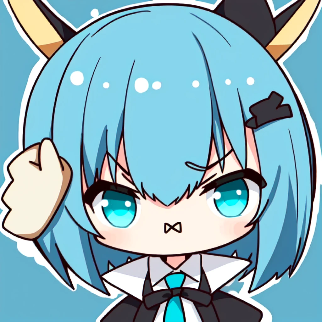 Chibi, ((hight quality, 18k, best quality)), ((black and cyan hair color)), short hair, angry cute
